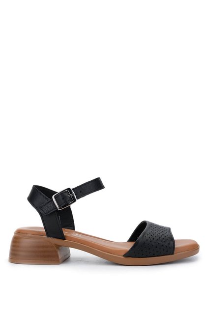 Women's Genuine Leather Black Leather Heeled Sandals