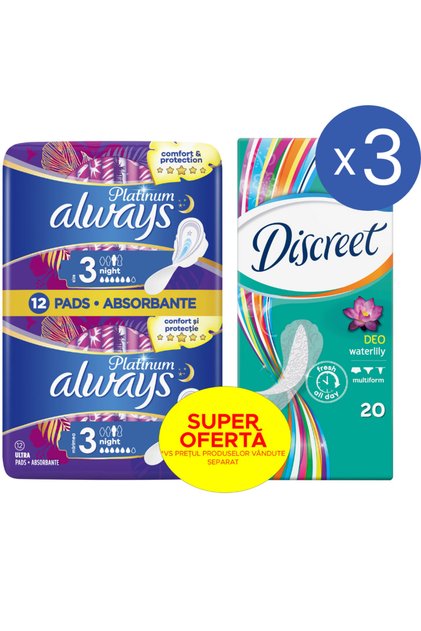 Pack Absorbante Platinum Day&Night, 12 buc + 3 Absorbante Discrret Waterlily, 20 buc