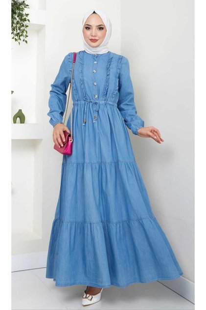 Women's Button Detailed Ruffle Jeans Dress