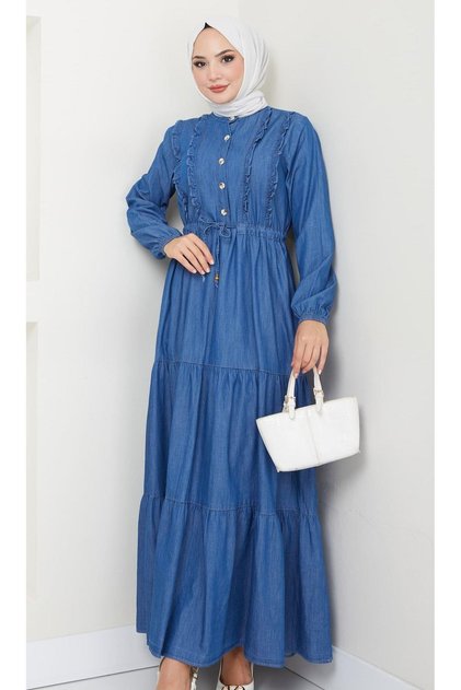 Women's Button Detailed Ruffle Jeans Dress