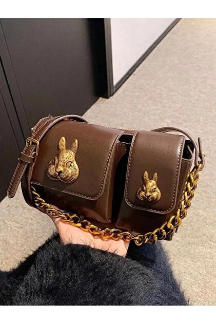 Women's Brown Squirrel Accessory Detailed Design Baguette Bag