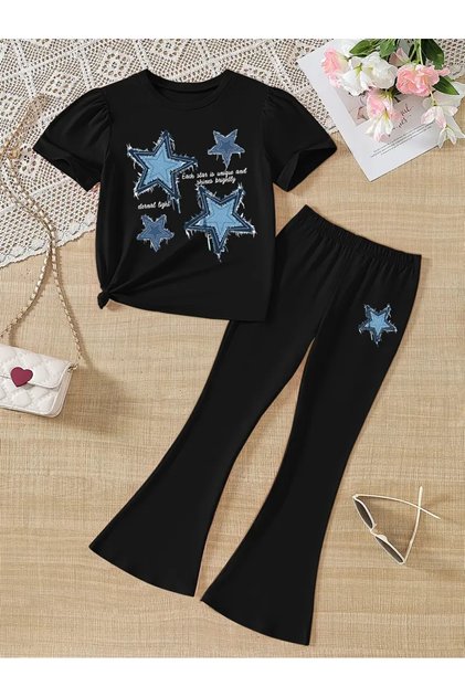 Girl's Blue Stars Printed Black T-Shirt-Black Flared Leggings Set