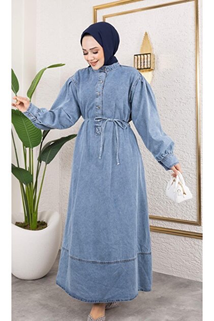 Women's Buttoned Bowl Bowl Balloon Sleeve Jeans Dress