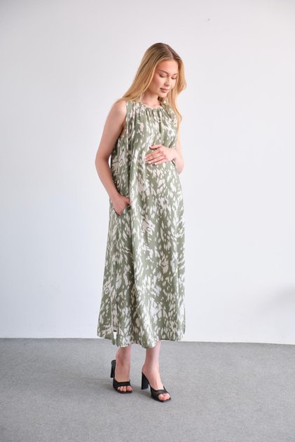 Maternity Patterned Midi Length Gilet Dress CAGLA GREEN