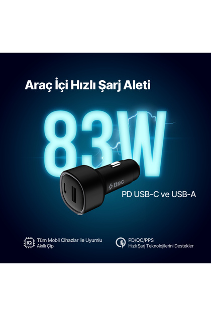 SmartCharger Duo PD 83W Araç Hızlı Şarj Aleti USB-C+USB-A melodi