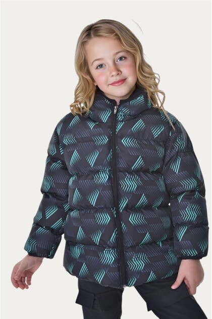 Girl's Black Green Digital Pattern Fleece Water and Windproof Hooded Puffer Winter Coat