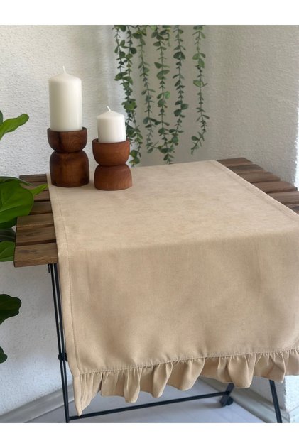 İnci Vintage Velvet Textured Stain-Resistant Ruffled Beige Runner