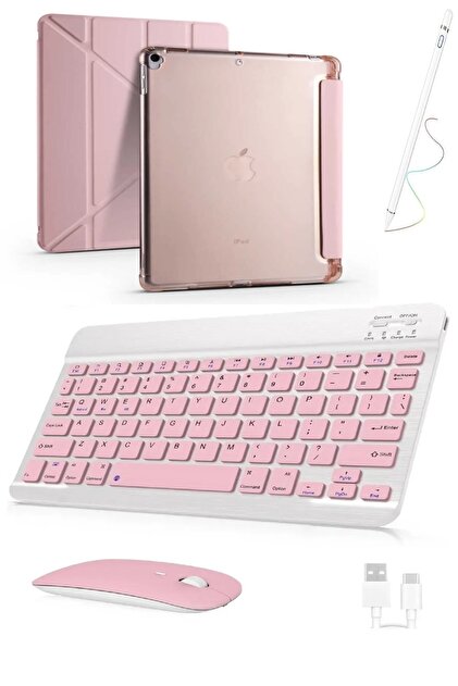 Apple iPad 7. 8. ve 9. NESİL Uyumlu 10.2 İNÇ Uyumlu Trifolding Kılıf+Klavye Mouse+Kalem Rose
