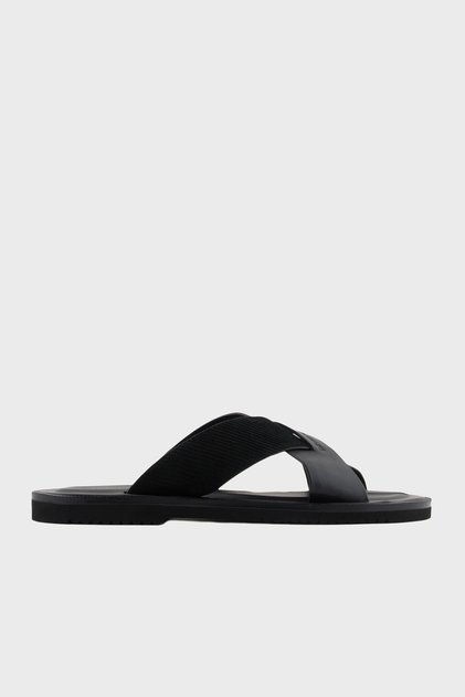 Genuine Leather and Suede Detailed Cross Double Banded Slippers Men's Slippers X4P124 Xr340 K001
