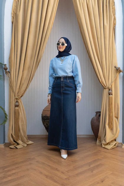 2254-Denim Klasik Etek Lacivert