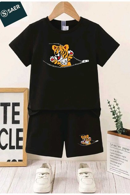 Printed Crew Neck Boys' and Girls' Set Cotton T-Shirts and Shorts, Summer Comfort Set