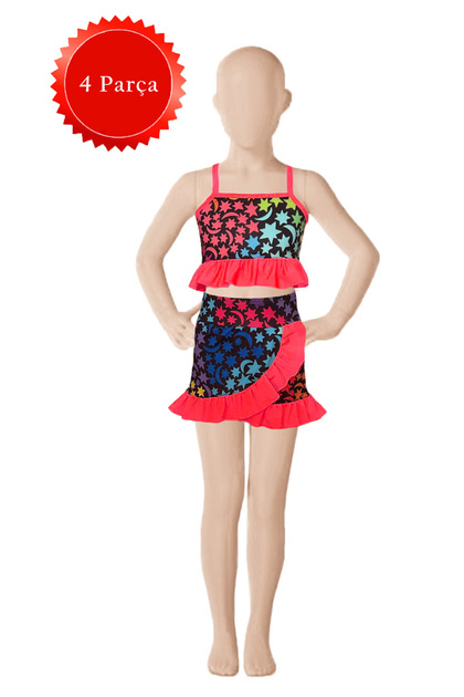 Girls Quick Dry Ruffle 4 Piece Bikini Swimsuit Set 08866