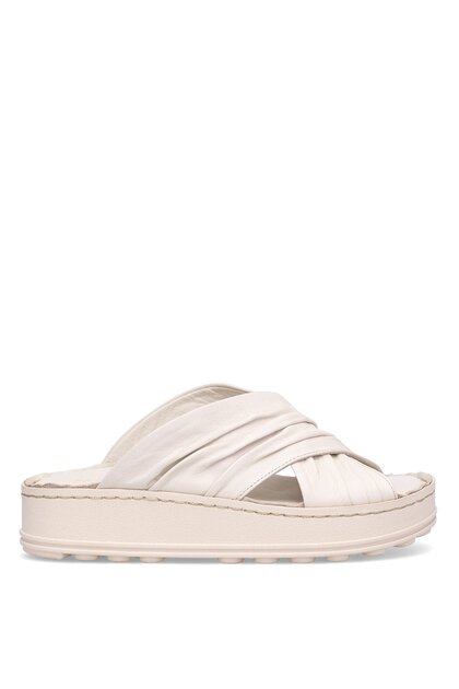 D25Yt-1430 Women's Genuine Leather Flat Slippers Cream