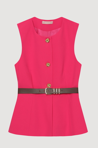 Buttoned Sleeveless Vest with Belt Accessories Fuchsia