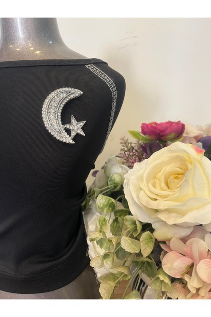 Ay Yıldızlı Broş, Gümüş Rengi, Taşlı