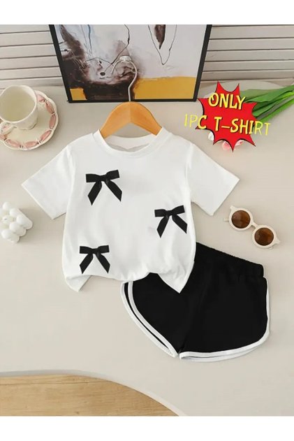 Girl's Ribbon Detailed White T-Shirt - Black Piping Shorts Set