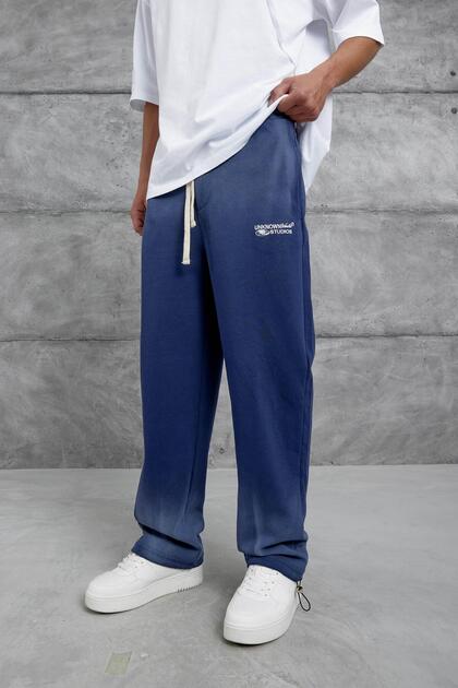 Men's Sweatpants Unknow Studios Written on the Bottom Navy Blue Oversize Loose Fit 3 Yarns Without Ruffles