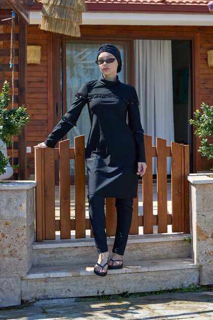 Belinda Bead Detailed Black Double Design Hijab Swimsuit