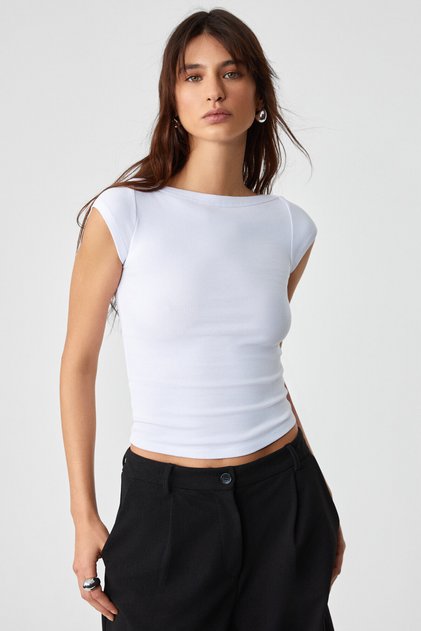 Noemi Women Ballerina Neck Short Sleeve Slim Fit Ribbed White Blouse