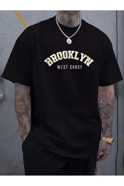 Oversized Men's T-Shirt, Brooklyn Print, Summer Trend Short Sleeve T-Shirts, Big and Tall