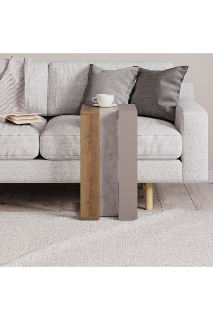 Mourah Home Muju C Shape Table Oak Gold Marble Mocha Grey Multipurpose