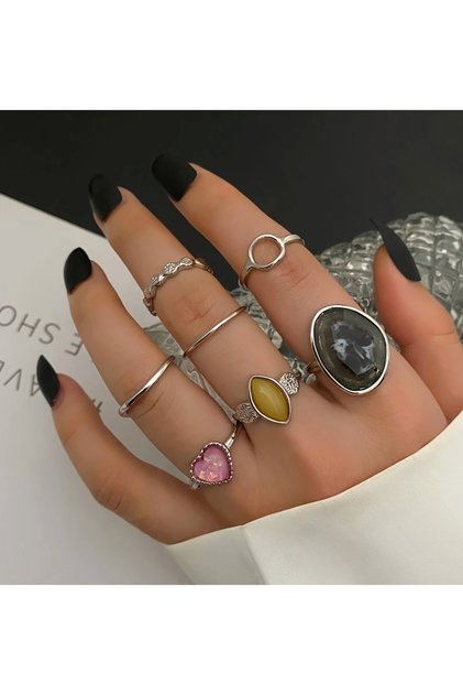 Passion Silver Silver Colored Black Stone Vintage Bohemian 6 Piece Set of 6 Rings