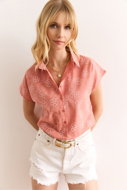 Women's Ivy Rose Dried Patterned Linen Bat Shirt Gml-19001129