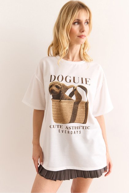 Women's White Doguie Printed 2 Thread Relaxed Fit T-Shirt Tsh-19000903