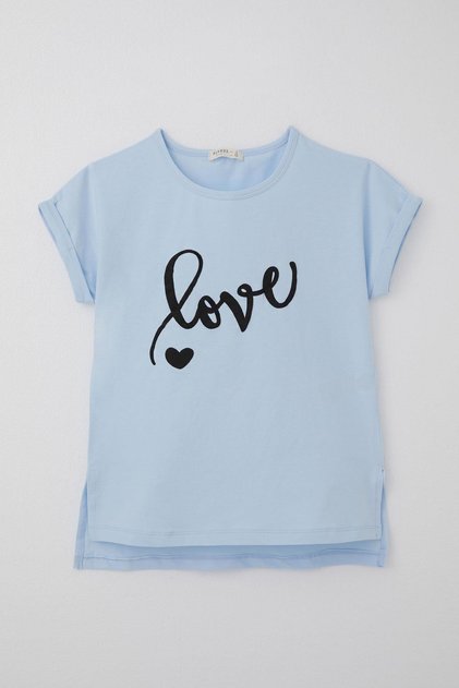 Girl's T-Shirt Embossed Lettering Printed Slit 10-16 Years, Light Blue