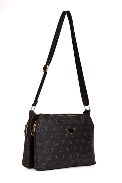 Women's Monogram Patterned Long Strap Cross Shoulder Bag – Black