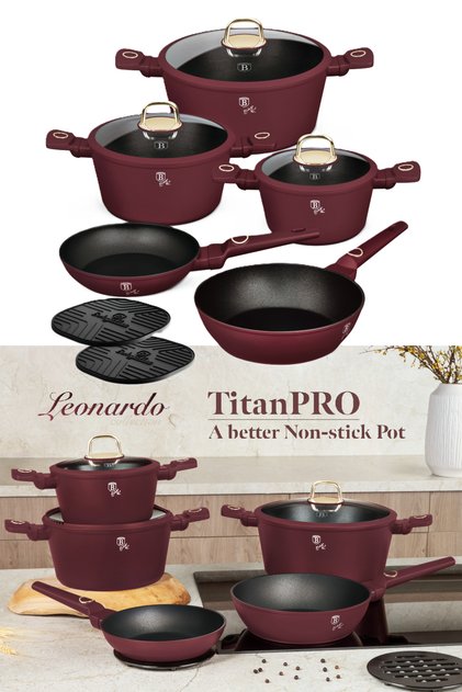 Set de 10 vase de gătit Titanpro antiaderente, cu inducție, oale și tigăi, Colecția Leonardo