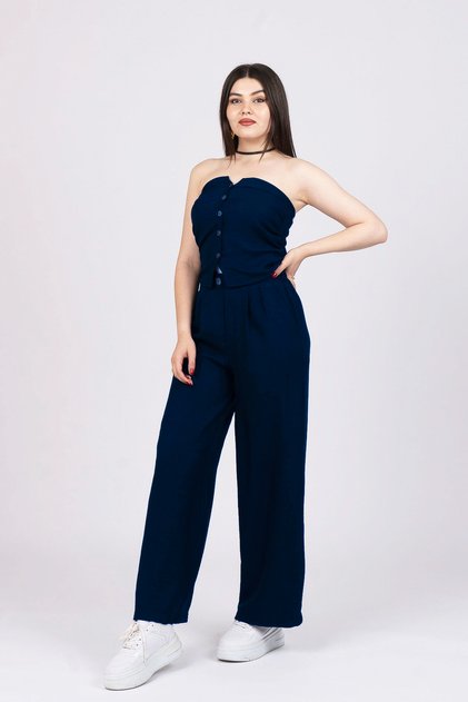 Women's Summer Laci Strapless Linen Look Double Set Elastic High Waist Wide Leg Pants Stylish Daily Comfortable 1142