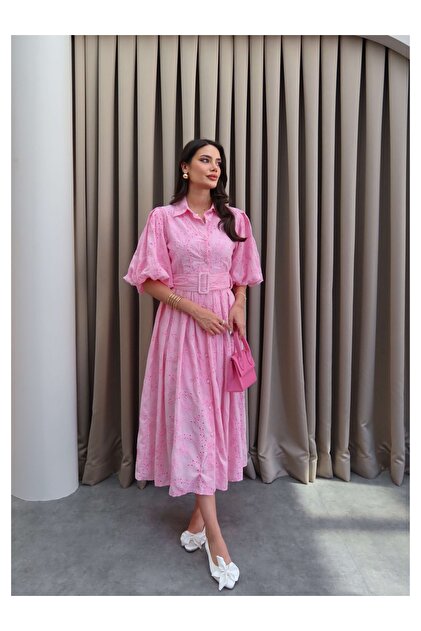 ESRAHELVACI Pink Embroidered Balloon Sleeve Belted Dress- Trendyol