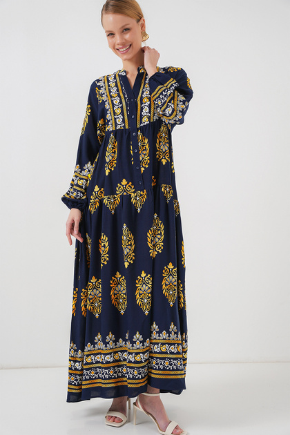 2423 Authentic Patterned Hijab Dress - Navy Blue 2