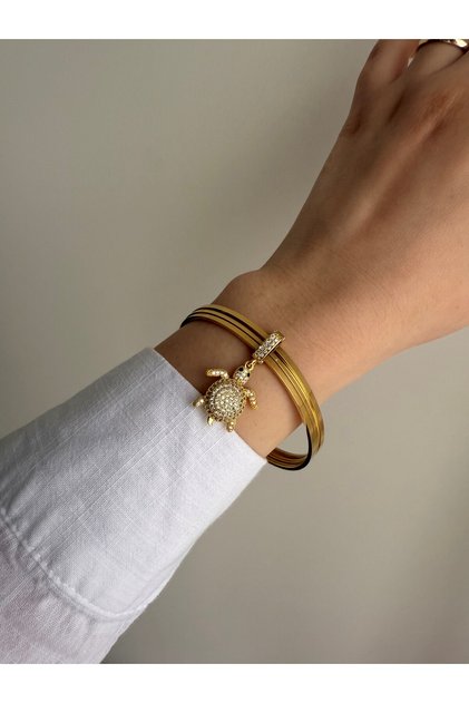 Çelik Gold 3lü Ajda Bilezik ve Taşlı Kaplumbağa Charm 6.2 ölçü -kararma yapmaz-