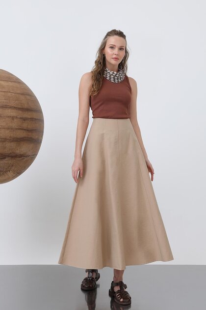 Women's Flared Long Skirt -32136Etk - Camel Hair