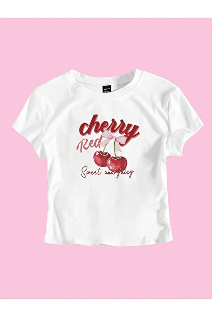PALPİTO Kadın Beyaz Sweet Cherry Baskılı Bisiklet Yaka Dar Crop