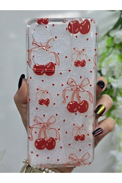 Xiaomi Redmi 13 Compatible Transparent Phone Case with Cherry and Tiny Hearts Pattern
