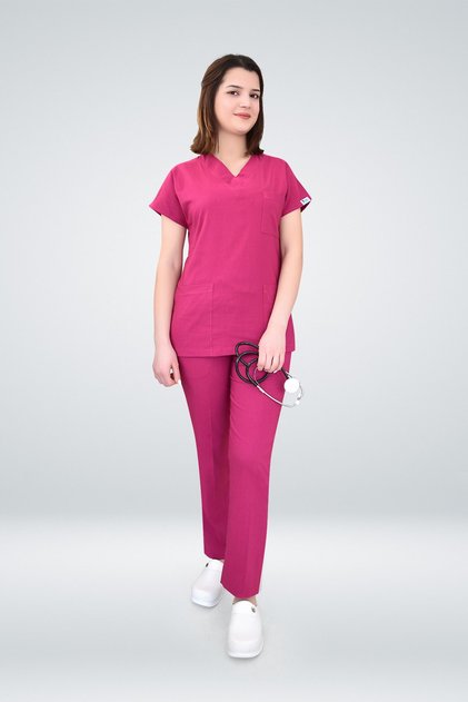 Unisex Cherry Color Lycra Bottom-Top Jersey Set Scrubs
