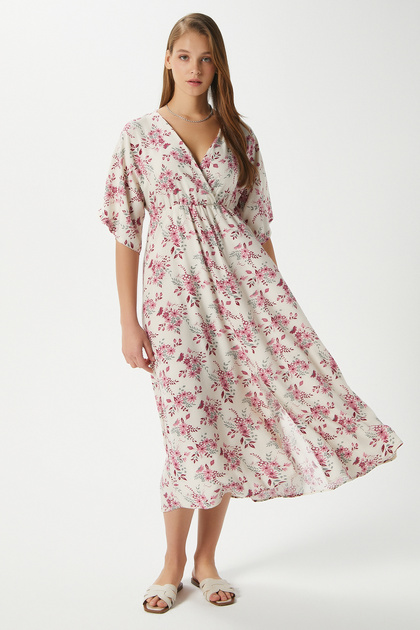 Women's Katy Pink Floral Elastic Waist Slit Viscose Summer Dress