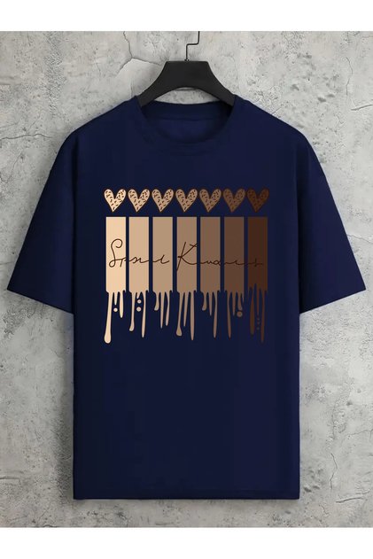 Unisex Leopard Patterned Heart Printed Relaxed Cut Navy Blue T-Shirt