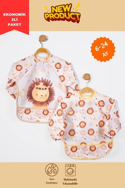 Liquid-Proof Baby Bib Set (2 Pieces) | 6-24 Months | Wearable Long Sleeve Lion Pattern Bib