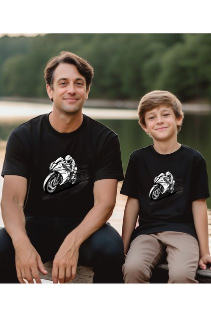 Father and Son Combination T-Shirt with Motor and Biker Print (Single Product, Add 2 Pieces to the Cart for the Combination)