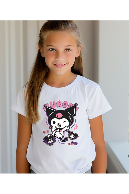 Kuromi Printed Crew Neck White T-Shirt/T-Shirt- (Price Is for One Piece)-Girl's T-Shirt