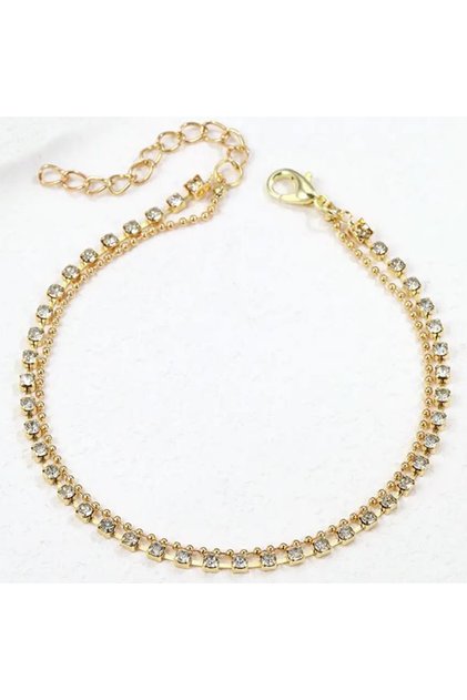 Glamour Anklet, 2 στρώσεις, ρυθμιζόμενη αγκράφα, στρας, μέταλλο, χρυσό