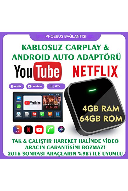 EverBox Carplay & Android Auto Kablosuz Adaptör 4GB RAM+64GB ROM