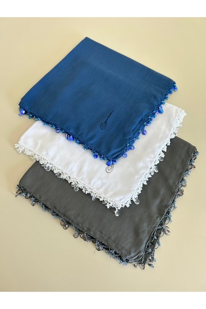 3 adet El Işi El Oyalı Düz Renk Eşarp Boncuklu Yazma Yemeni Çeyizlik Hediyelik 100x100cm