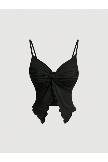Black Front Twist Thin Strap Alaçatı Crop