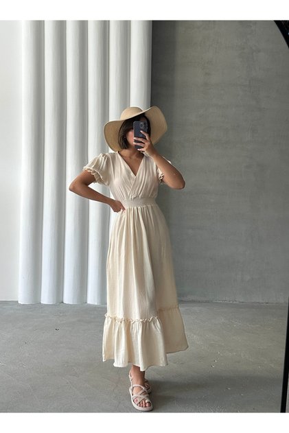 Women's Beige Double Breasted Collar Gimped Muslin Dress