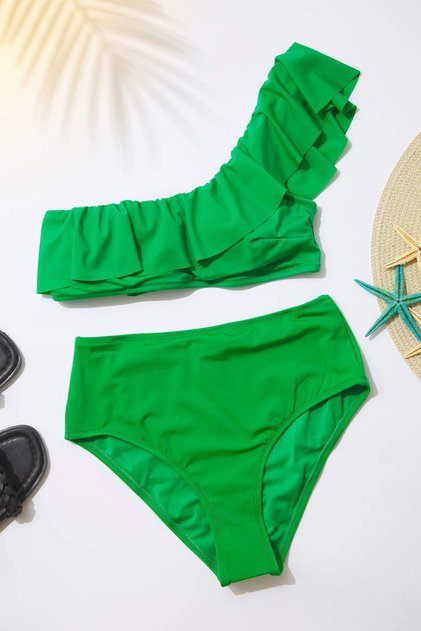 Dark Green Flounce One Shoulder Covered Bikini Top Tbess21Bu0039